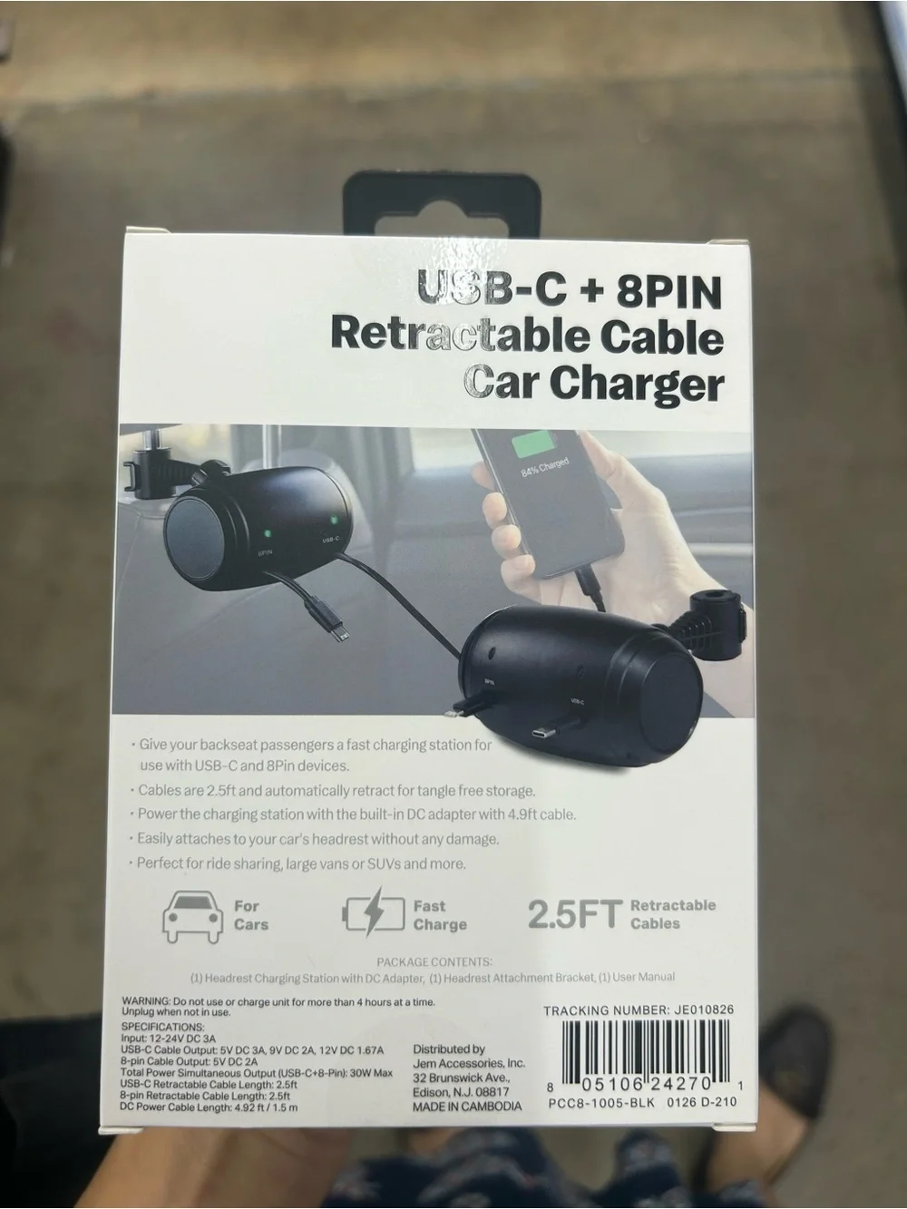 USB-C + 8PIN Retractable Cable Car Charger